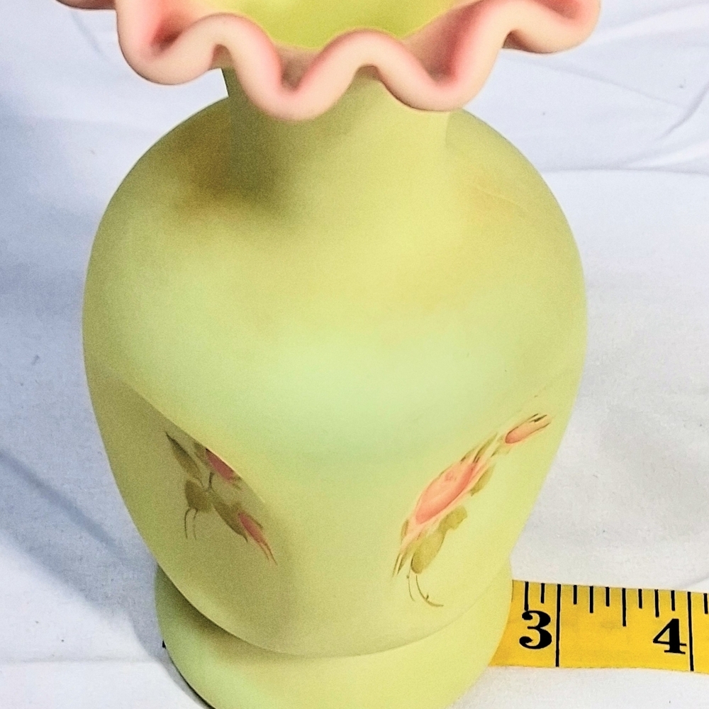 Fenton Glass Collectible Burmese Satin/Yellow Signed Hand Painted Ruffled Vase - Picture 5 of 9